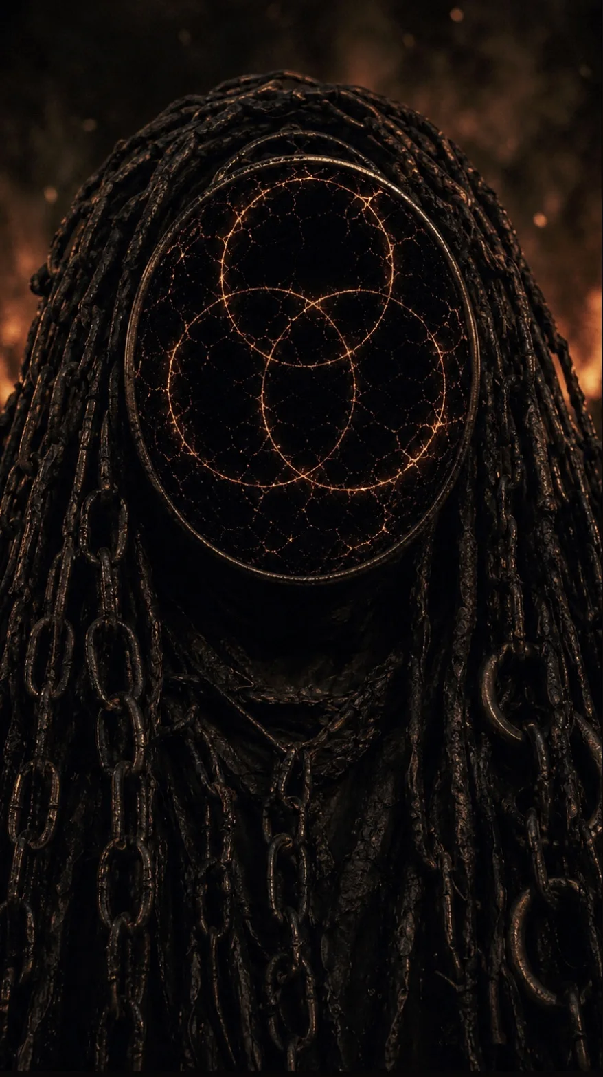 Ayama’tu draped in chains, with three interlocking ember-lit circles across its cracked black mirror face