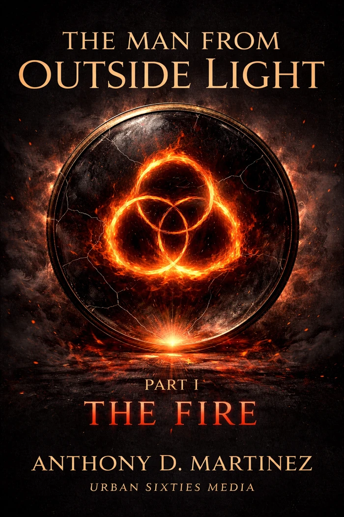 Cover of The Man From Outside Light, Part I: The Fire by Anthony D. Martinez, showing a burning triple-ring sigil inside a cracked obsidian disc